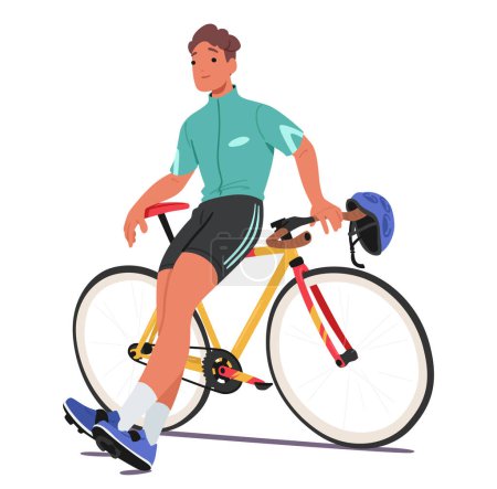 Illustration for Tired Male Cyclist Character, Clad In Sports Attire, Finds Repose By Leisurely Sitting Atop The Sleek Frame Of Bicycle, Embodying A Moment Of Serene Relaxation. Cartoon People Vector Illustration - Royalty Free Image