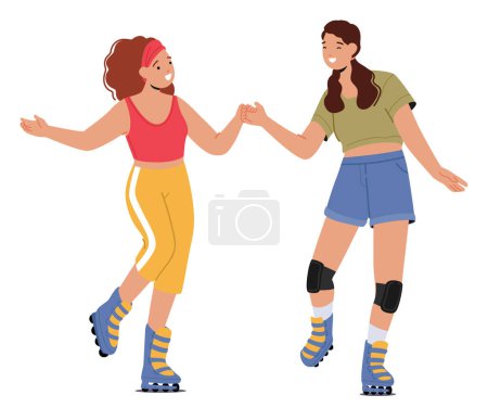 Illustration for Girl Friend Characters Roller Skating, Laugh And Share Moments, Glide Smoothly On Wheels, Enjoying The Freedom And Joy Of Companionship and Outdoor Activities. Cartoon People Vector Illustration - Royalty Free Image