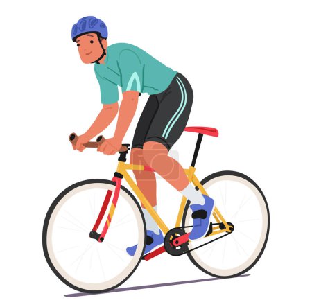 El alegre ciclista deportivo pedalea con una sonrisa radiante, encarnando la pasión pura y la excitación mientras monta su bicicleta con gracia y entusiasmo sin esfuerzo. Dibujos animados Gente Vector Ilustración