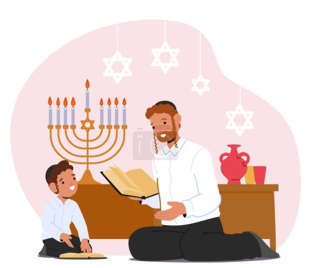 Jewish Child Boy Character Diligently Engage In Torah Study, Guided By Teacher, Immersing In The Sacred Teachings, Fostering A Deep Connection To Faith And Heritage. Cartoon People Vector Illustration