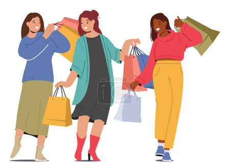 Female Friends Characters Stroll, Laughter In The Air, Clutching Shopping Bags, while Navigate City Stores, Cherishing Their Time Spent Together In Joyful Companionship. Cartoon Vector Illustration
