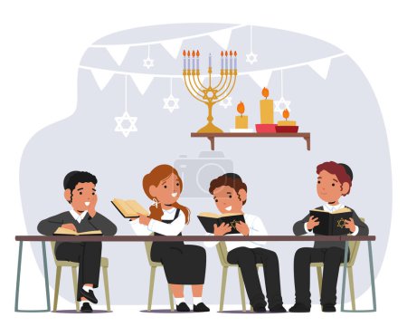 Jewish Children Characters Diligently Study Torah, Immersing Themselves In Sacred Texts To Learn Religious Teachings And Traditions With Reverence And Devotion. Cartoon People Vector Illustration