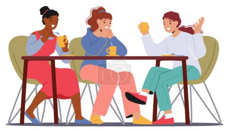 Illustration for Group Of Women Share Laughter And Stories In A Cozy Cafe, Bonding Over Cups Of Coffee. Their Camaraderie Fills The Air With Warmth, Symbolizing Enduring Friendship. Cartoon People Vector Illustration - Royalty Free Image