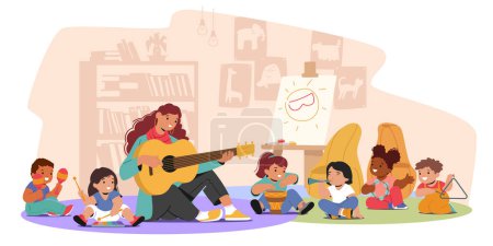 Illustration for Children In A Music Class Sit on the Floor, Joyfully Exploring Various Instruments, like Drum, Xylophone, Maracas, Tambourine, Triangle And Flute, Guiding by a Teacher. Filling The Room With Melodies - Royalty Free Image