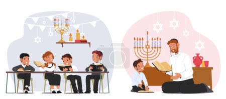 Illustration for Jewish Children Characters Gather, Immersed In Torah Study, Exploring Ancient Texts And Traditions, Guided By Teacher, Fostering Deep Spiritual And Cultural Connection. Cartoon Vector Illustration - Royalty Free Image