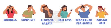 Les personnes ayant des problèmes de cheveux éprouvent la calvitie, les dommages, la perte de cheveux, les pellicules, l'alopécie, ou la dermatite séborrhéique, conduisant à l'inconfort et à la recherche de traitements. Illustration vectorielle de bande dessinée de caractère