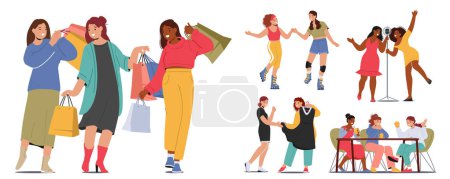 Illustration for Female Friend Characters Gather, Sharing Laughter And Stories, Enjoying Each Other Company In Cozy Cafe, Shopping, Singing in Karaoke Bar Or Rollerblading Park. Cartoon People Vector Illustration - Royalty Free Image
