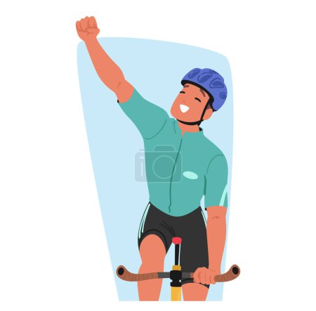Personaje ciclista triunfante exuberantemente levantó un puño victorioso, radiante con una sonrisa radiante, encarnando la alegría pura de la deportividad y el logro. Dibujos animados Gente Vector Ilustración