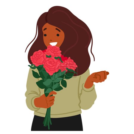 Ilustración de Radiant Black Young Woman Character Cradles A Vibrant Bouquet Of Red Roses, Their Scarlet Hues Echoing The Passion Within Her Heart (en inglés). Sorpresa o regalo para vacaciones. Dibujos animados Gente Vector Ilustración - Imagen libre de derechos