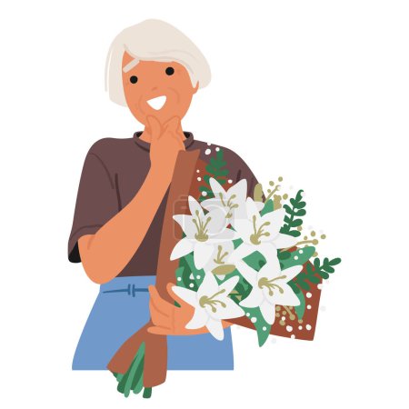 Illustration for Graceful Senior Woman Character Cradles A Pristine Bouquet Of White Lilies, Emanating Elegance And Timeless Beauty, As Petals Whisper Stories Of Wisdom And Serenity. Cartoon People Vector Illustration - Royalty Free Image