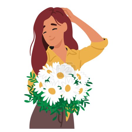 Illustration for Graceful Maiden Character Posing with Bouquet Of Chamomile Blooms, Their Delicate Petals Mirroring Her Youth. Gift of Nature Embraced In Her Hands, Radiating Purity. Cartoon People Vector Illustration - Royalty Free Image