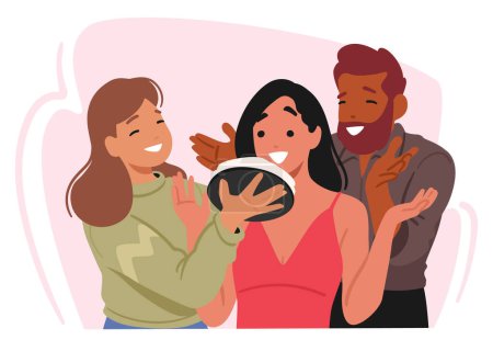 Am Aprilscherz führten Kollegen oder Freunde einen lustigen Streich aus, indem sie einer Frau hinterhältig einen Kuchen ins Gesicht warfen, was überall für Gelächter und Überraschung sorgte. Cartoon People Vektor Illustration