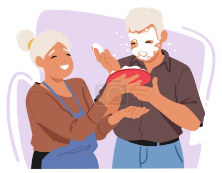 Téléchargez les illustrations : Le jour des fous d'avril, une femme âgée surprend son mari en lui jetant un gâteau avec de la crème au visage, suscitant le rire. Illustration vectorielle des personnages de bande dessinée - en licence libre de droit