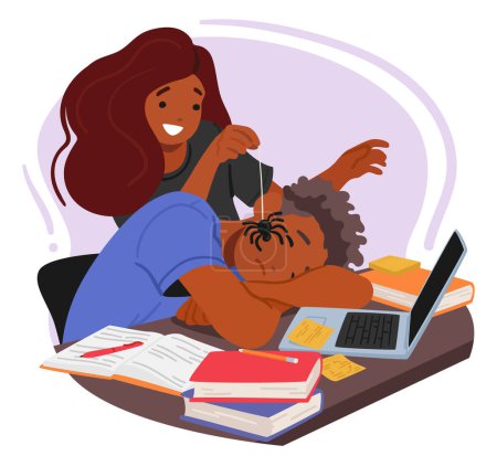 On April Fools Day, A Woman Character Cleverly Places A Realistic Fake Spider On Her Sleeping Friend Face, Eagerly Anticipating his Startled Awakening. Cartoon People Vector Illustration