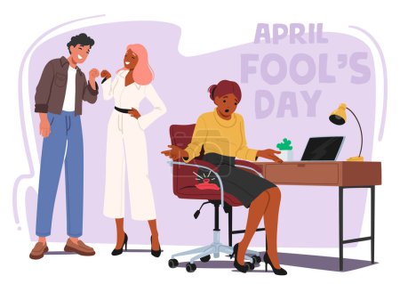 Colleagues Characters Sneakily Placed A Fart Pillow On Their Friend Chair On April Fools Day, Eagerly Awaiting The Hilarious Surprise As She Sat Down. Cartoon People Vector Illustration