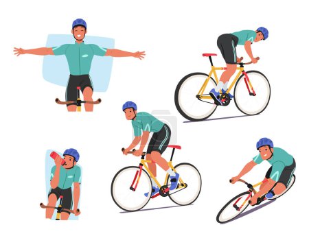Illustration for Sportsman Cyclist Character Rides Fiercely, Occasionally Outstretch Hands To Celebrate Victory, Embodying The Spirit Of Competition, Drink Water, and Smile. Cartoon People Vector Illustration - Royalty Free Image