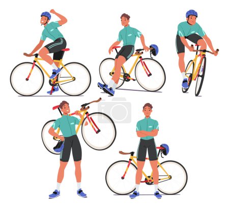 Illustration for Energetic Cyclist Character Pedals his Bike, Celebrate Victory with Fist Up Gesture, Holding Bicycle on Shoulder, Relax and Stand nearby with Crossed Arms. Cartoon People Vector Illustration - Royalty Free Image