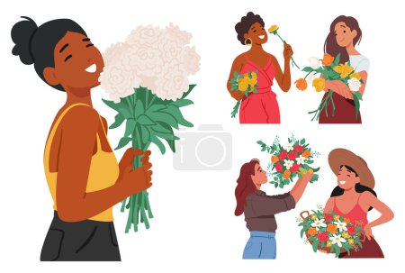 Illustration for Elegant Women Characters Clutch Delicate Flower Bouquets, Their Hands Gently Cradling Blooms Of Vibrant Hues, Embodying Grace And The Ephemeral Beauty Of Nature. Cartoon People Vector Illustration - Royalty Free Image