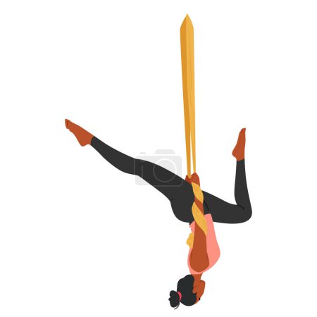 Ilustración de Balletic Serene Woman Character Graciosamente Balances In A Silk Hammock Upside Down, Her Body Contorted Elegantly As She Practices Tranquil Aerial Yoga, Suspended in Air. Ilustración de vectores de dibujos animados - Imagen libre de derechos