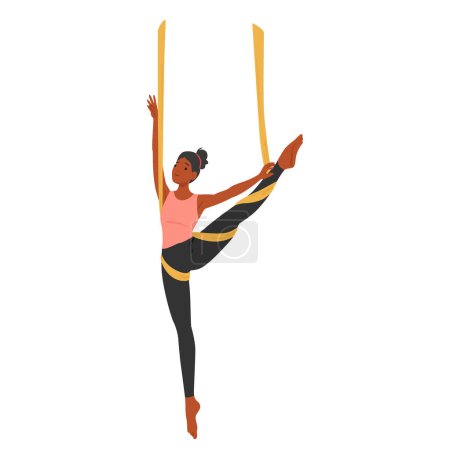 Anmutiger Frauencharakter, der in der Luft-Yoga-Hängematte mit erhobenem Bein schwebt und durch Posen mit Gleichgewicht und Stärke fließt, die Balance und Gelassenheit inmitten des schwebenden Gewebes verkörpern. Vektorillustration