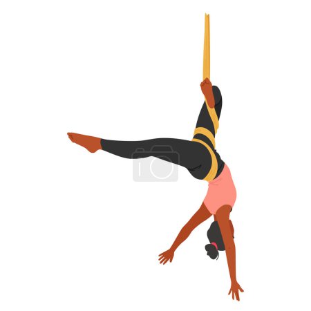Ilustración de Personaje Lissome Woman suspendido boca abajo en una hamaca de seda, practicando yoga aéreo con fluidez. Su cuerpo gira y gira, abrazando la serenidad y la fuerza en medio de la tela suspendida, Vector - Imagen libre de derechos