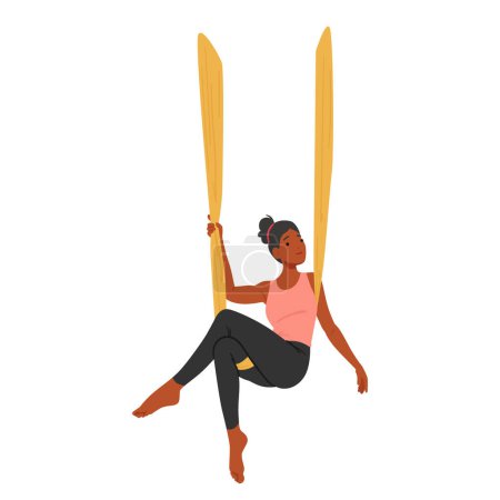 Illustration for Relaxed Woman Character Gracefully Performs Aerial Yoga, Suspended Mid-air On A Silk Hammock, Her Body Elegantly Contorted Into A Serene Pose, Blending Strength And Flexibility. Vector Illustration - Royalty Free Image