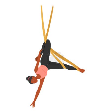 Illustration for Nimble Woman Character Gracefully Balances In An Aerial Yoga Hammock, Her Body Curved In A Serene Suspended Inversion Pose, Engaged Tranquility and Balance. Cartoon People Vector Illustration - Royalty Free Image