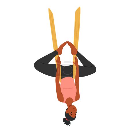 Illustration for Dainty Character Woman Gracefully Performs Aerial Yoga, Suspended In Silk Hammock Upside Down, Her Body Elegantly Contorted In A Challenging Pose, Exuding Tranquility And Strength. Vector Illustration - Royalty Free Image