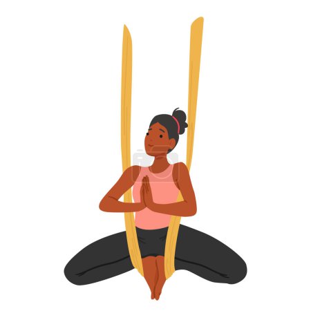 Illustration for Character Fluid Woman Suspends In Midair, Meditate Through Aerial Yoga Poses On A Silk Hammock. Strength, Flexibility, And Serenity Converge In A Captivating Dance With Gravity. Vector Illustration - Royalty Free Image