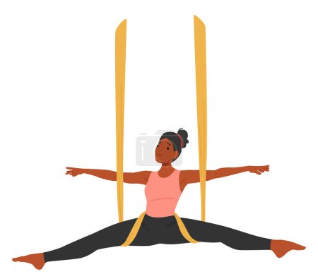 Illustration for Woman Gracefully Performs Aerial Yoga, Suspended In A Silk Hammock in Split Pose. Female Character Stretches, Her Body Floating Effortlessly, Embodying Tranquility And Strength. Vector Illustration - Royalty Free Image