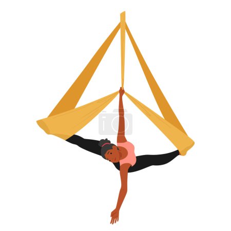 Illustration for Graceful Woman Character Defies Gravity In Aerial Yoga, Swaying On A Hammock in a Split Pose. Fluid Movements Showcase Strength And Flexibility, Creating Mesmerizing Dance Suspended In Mid-air, Vector - Royalty Free Image