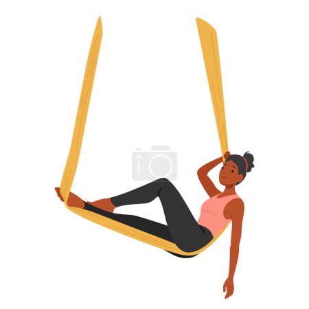Ilustración de Personaje refinado de la mujer suspendido en la hamaca aérea, fluyendo sin esfuerzo a través de posturas del yoga. La fuerza serena y la flexibilidad se mezclan armoniosamente, creando una danza aérea cautivadora en el aire, el vector - Imagen libre de derechos