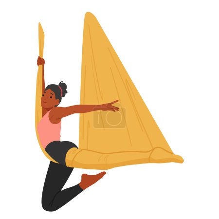 Illustration for Poised Woman Character Gracefully Performs Aerial Yoga, Suspended In A Silk Hammock with Wrapped One Leg, Her Body Elegantly Contorted In A Challenging Pose, Exuding Tranquility And Strength, Vector - Royalty Free Image