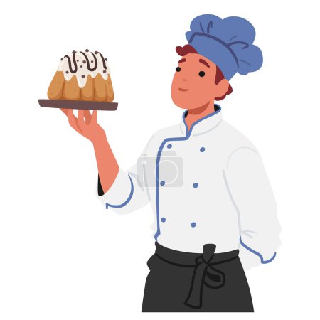 Beaming Confectioner Male Character Holds An Exquisite Tray With A Meticulously Crafted Cake. Pride Gleams In Their Eyes, Showcasing A Masterpiece Of Sweet Delight. Cartoon People Vector Illustration