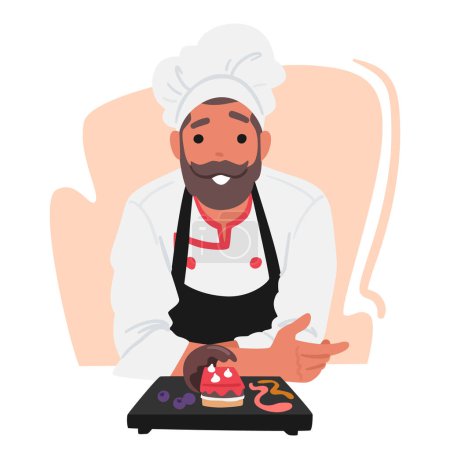 Illustration for Skilled Confectioner Male Character Unveils An Exquisite Pastry with Chocolate and Cream On Wooden Tray, Beaming With Pride, Performing Edible Masterpiece. Cartoon People Vector Illustration - Royalty Free Image