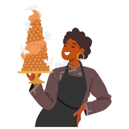 Illustration for Skilled Female Confectioner Character Beams Proudly, Holding A Tray Adorned With Exquisite Chocolate Truffles, Their Glossy Surfaces Artfully Dusted With Gold Leaf. Cartoon People Vector Illustration - Royalty Free Image