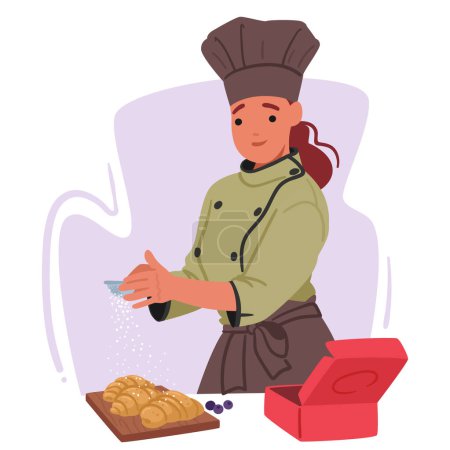 Téléchargez les illustrations : Croissants dorés à la poussière de personnage de confiseur féminin avec un voile enneigé de sucre en poudre, créant une douce symphonie de saveur et d'élégance pour une expérience culinaire délicieuse. Illustration vectorielle - en licence libre de droit