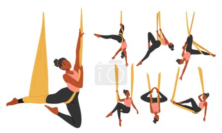 Illustration for Lithe Woman Floats Mid-air In Aerial Yoga Hammock, Her Body Poised In Fluidity. Serenity And Strength Converge As She Embraces The Artistry Of Suspended Poses. Cartoon People Vector Illustration, Set - Royalty Free Image