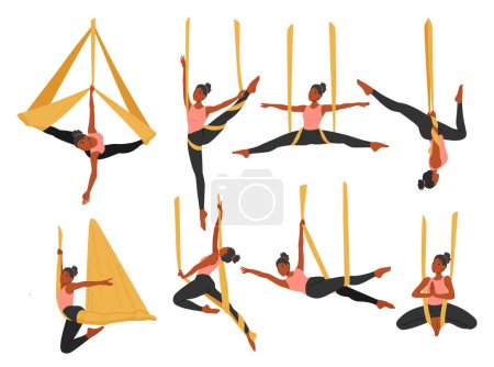 Illustration for Elegant Woman Character Twists And Suspends In Mid-air, Practicing Aerial Yoga On A Hammock. Serenity Meets Strength As She Flows Through Suspended Poses With Effortless Poise And Balance. Vector Set - Royalty Free Image