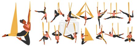 Illustration for Vector Set Graceful Woman Character Suspended In a Hammock, Flowing Through Aerial Yoga Poses With Effortless Strength And Serenity, Defying Gravity In A Mesmerizing Display Of Flexibility And Balance - Royalty Free Image