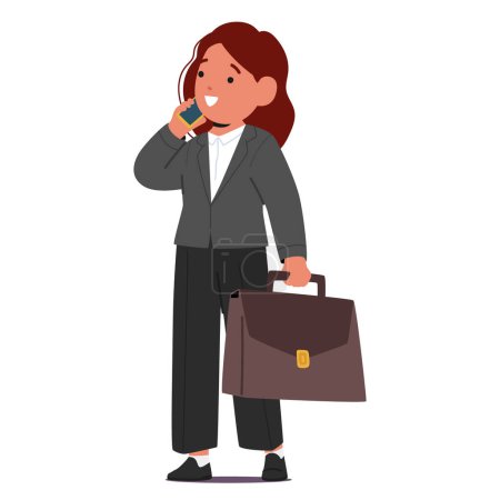 Illustration for Young, Confident Kid Businesswoman Character, Clutching A Stylish Bag, Adeptly Negotiates Deals Over Her Mobile Phone, Showcasing Impressive Entrepreneurial Skills. Cartoon People Vector Illustration - Royalty Free Image