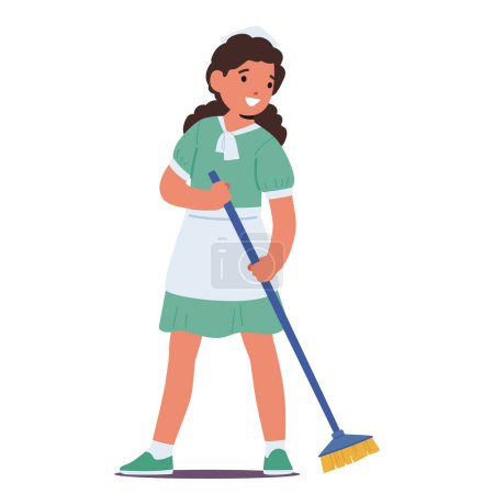 Petite Girl Character In A Maid Dress Delicately Sweeps, Embodying The Essence Of A Future In Domestic Service, Embracing Grace And Meticulous Attention To Detail. Cartoon People Vector Illustration