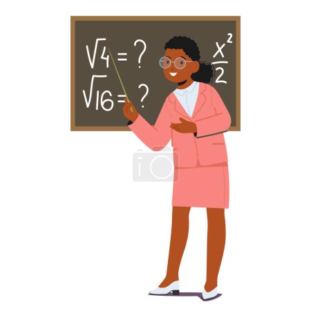 Illustration for Little Girl with a Pointer Imagine herself Teacher Conducting Lesson. Kid Wear Dress and Glasses Explain Algebra on Blackboard Isolated on White Background. Cartoon People Vector Illustration - Royalty Free Image