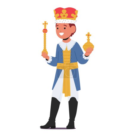 Ilustración de Joven personaje en un traje de rey real, exuda majestad con corona dorada, cetro y una faja majestuosa, sus ojos brillando con alegría de la realeza imaginaria. Dibujos animados Gente Vector Ilustración - Imagen libre de derechos