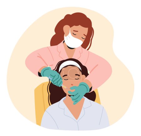 Illustration for Cosmetologist Delicately Administers Beauty Injections To A Woman In The Salon, Enhancing Her Features With Precision And Care, Ensuring A Rejuvenated And Refreshed Appearance. Vector Illustration - Royalty Free Image