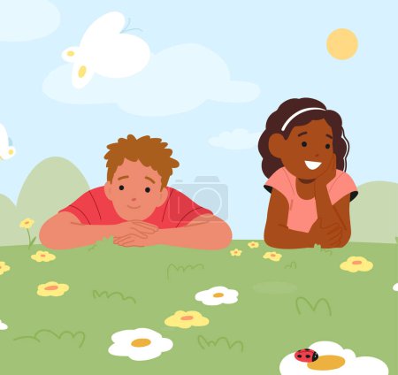 Ilustración de Personajes de los niños se extienden en la exuberante pradera de primavera, riéndose entre margaritas y trébol, tomando el sol caliente, tejiendo sueños en medio de la naturaleza Abrazarse bajo el cielo azul. Dibujos animados Gente Vector Ilustración - Imagen libre de derechos