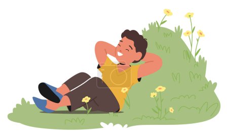 Illustration for Serene Child Boy Character Lounges On A Lush, Verdant Spring Meadow, Enveloped In The Warmth Of The Sun, Surrounded By A Tranquil Harmony Of Nature Embrace. Cartoon People Vector Illustration - Royalty Free Image