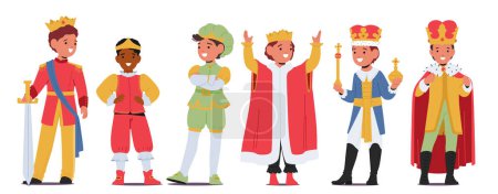 Illustration for Little Boys In Prince Or King Costumes Radiate Regal Charm, Adorned In Velvet Capes, Golden Crowns And Scepters Embodying Fairytale Majesty With Youthful Innocence And Joy. Cartoon Vector Illustration - Royalty Free Image