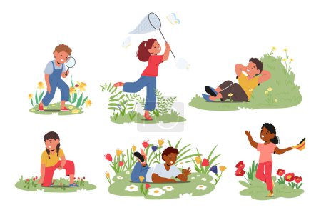 Illustration for Kids Springtime Activities Set. Children Picking Wild Berries, Catching Butterflies, Nature Walks, Learning Bugs on Meadow, Relax on Filed with Flowers and Green Grass. Cartoon Vector Illustration - Royalty Free Image