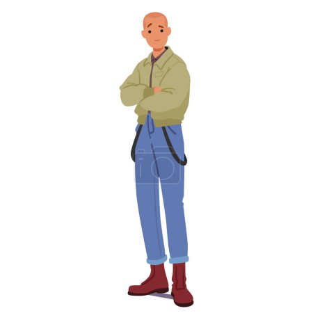 Illustration for Skinhead Male Character Stands Full Height With A Distinctive Look, Shaved Head, Boots, Jeans, Crossed Arms Embodying A Subculture Evolved With Extremist Ideologies. Cartoon People Vector Illustration - Royalty Free Image